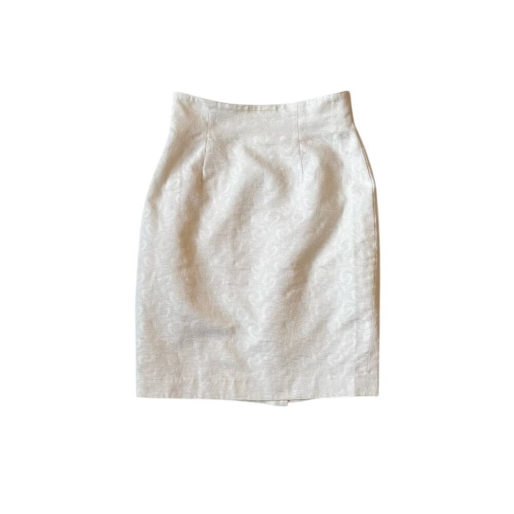 Vtg 90s Ivory Cotton Jacquard Pencil Skirt Italian IT40 US4 Bridal Euro Summer